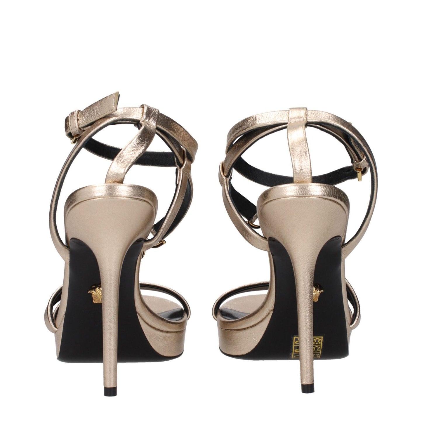 Versace Gold Leather Stiletto Heel Sandals with buckle closure, high heel, open toe, casual style, featuring front logo, back view.