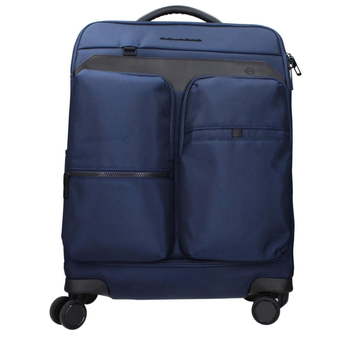 Piquadro Blue Fabric Luggage And Travel trolley with front logo, removable details, adjustable handle, and TSA closure.