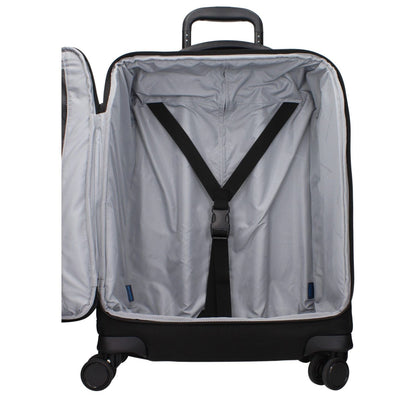 Piquadro Black Fabric Luggage And Travel with adjustable handle and TSA closure, open view showing interior compartments for storage.