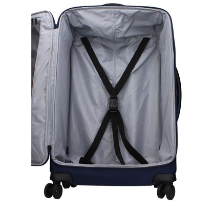 Interior view of Piquadro Blue Fabric Luggage And Travel trolley, featuring an adjustable handle and spacious interior with straps.