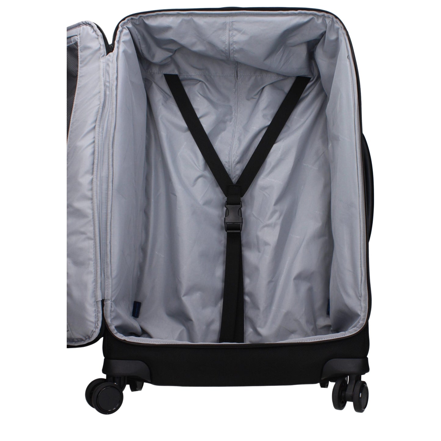 Interior view of Piquadro Black Fabric Luggage And Travel with adjustable handle and logo, MPN BV4733X19N, F83832 - open black trolley.