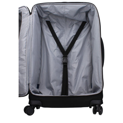 Interior view of Piquadro Black Fabric Luggage And Travel with adjustable handle and logo, MPN BV4733X19N, F83832 - open black trolley.