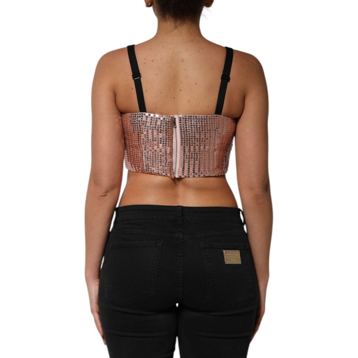 Dolce & Gabbana Pink Sequined Nylon Sleeveless Cropped Top TSH90636-40