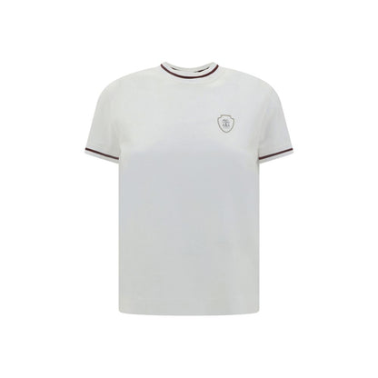 Brunello Cucinelli White Cotton T-Shirt with ribbed crew neck and brand monogram, elegant and versatile design, regular fit.