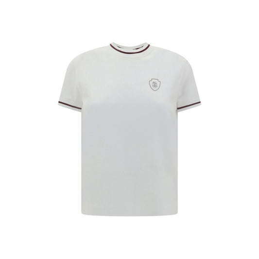 Brunello Cucinelli White Cotton T-Shirt with ribbed crew neck and brand monogram, featuring side slits and monochrome pattern.