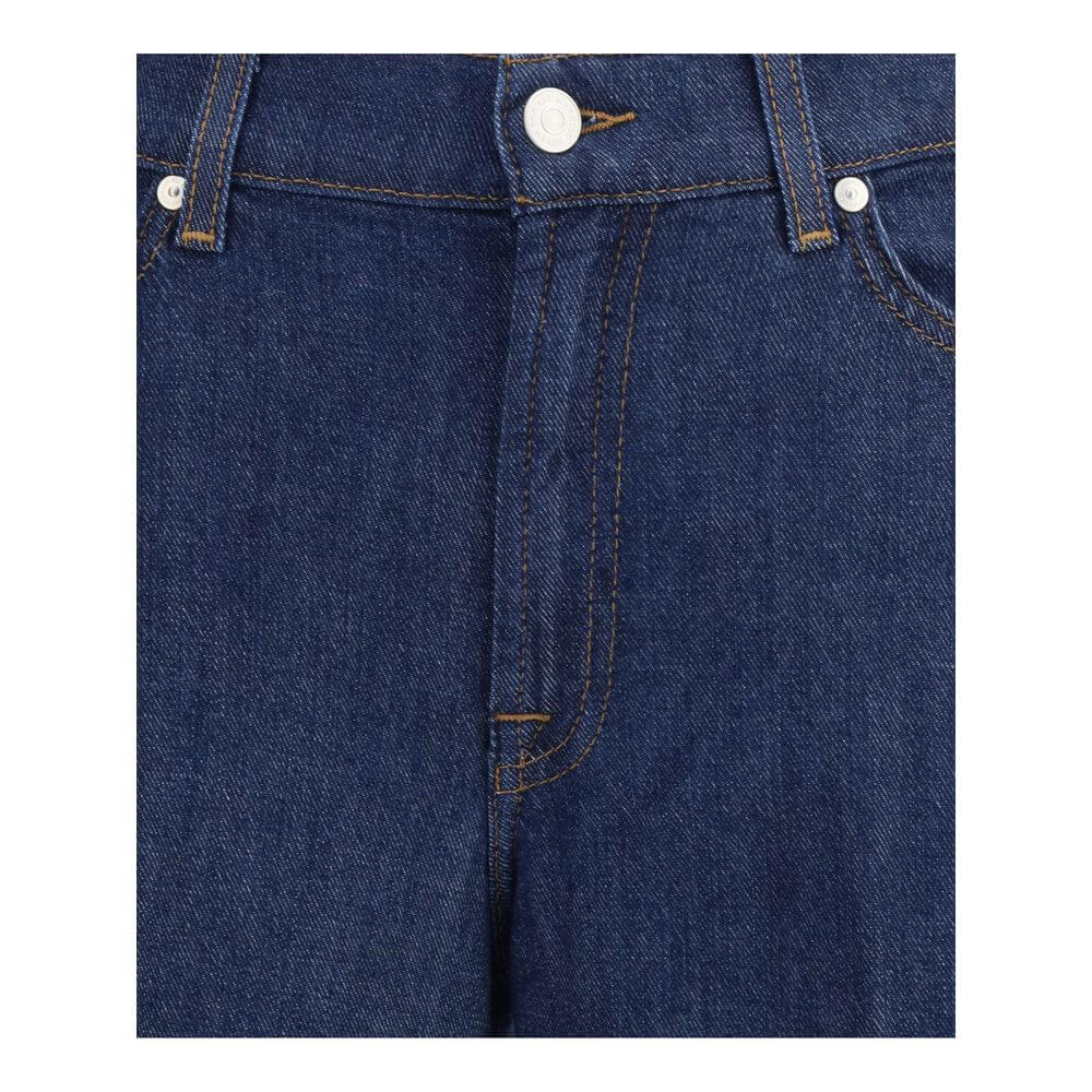 Close-up of 7FOR Blue Cotton Jeans Denim showcasing classic five-pocket design and button closure.