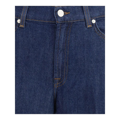 Close-up of 7FOR Blue Cotton Jeans Denim showcasing classic five-pocket design and button closure.