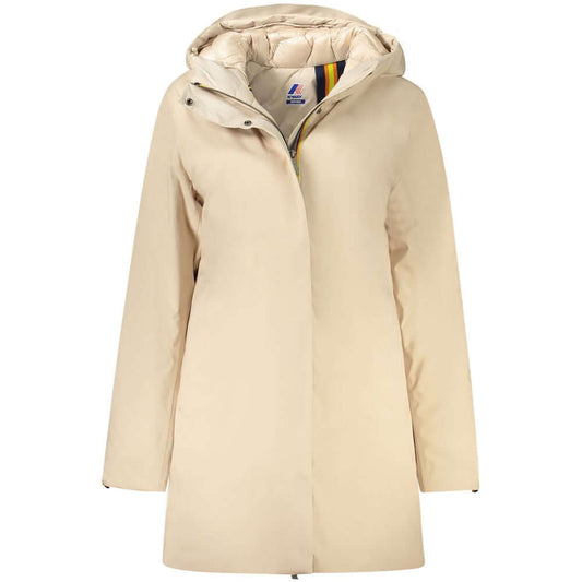 K-WAY Beige Polyester Jackets & Coat, long sleeve trench coat with hood, padded, 2 external and 3 internal pockets, zip and buttons.