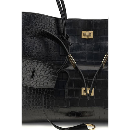 Balenciaga Black Calf Leather Bos Taurus Shoulder Bag with crocodile-effect leather and gold hardware