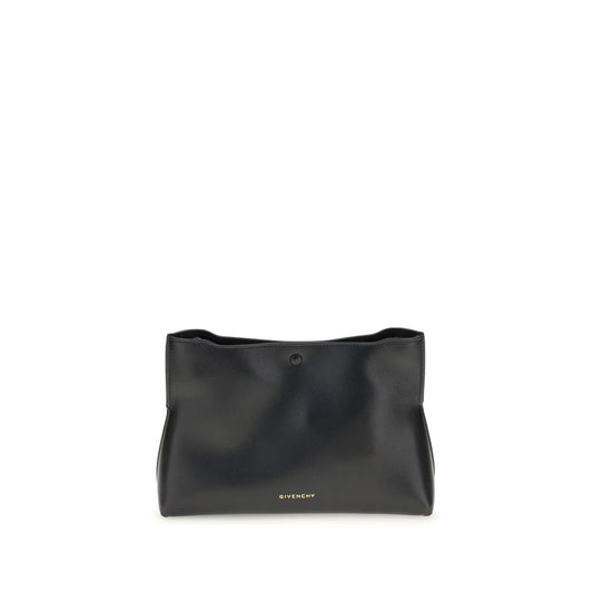 Givenchy Black Calf Leather Bos Taurus Clutch Bag with gold logo, magnetic closure, and removable strap for versatile styling.