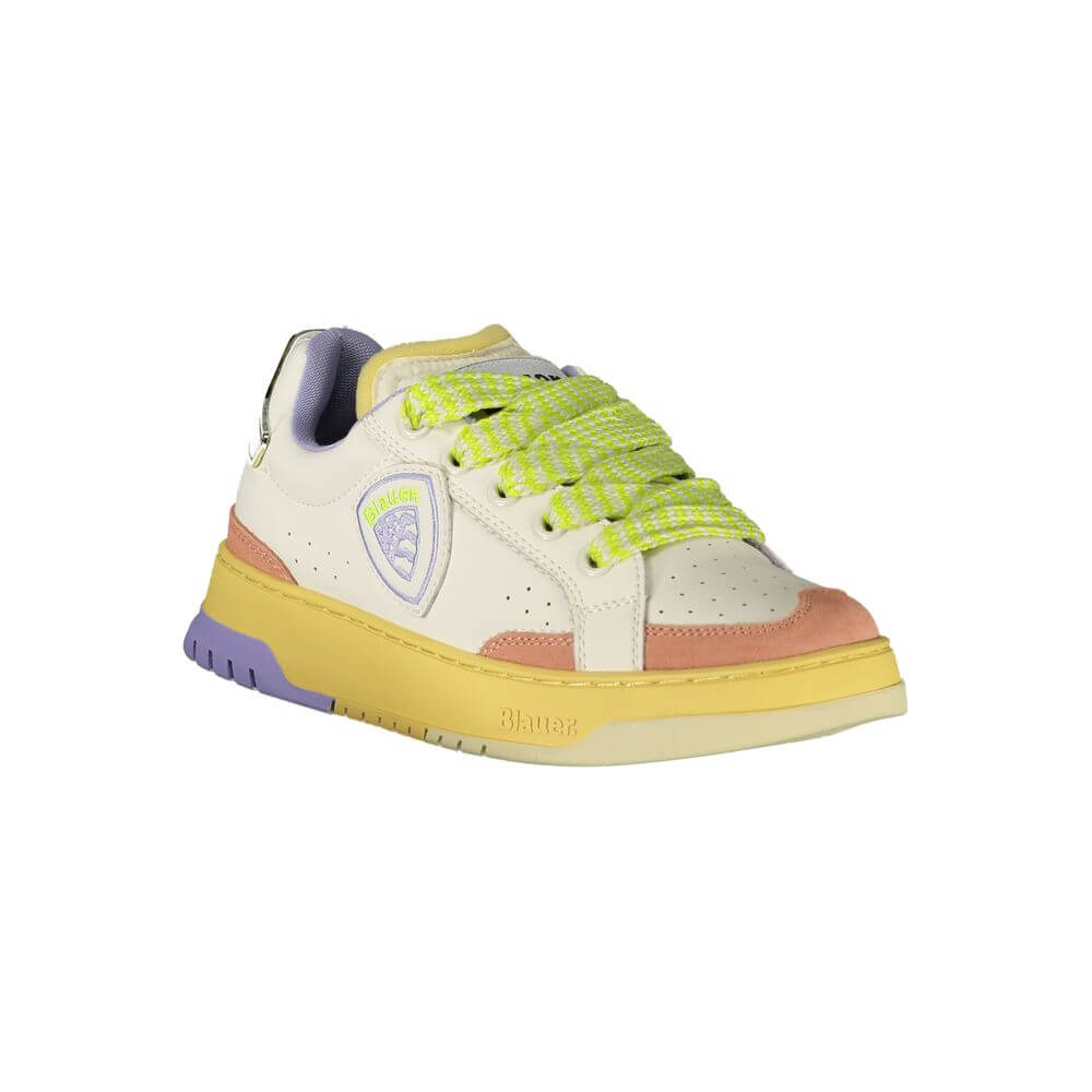 Blauer White Leather Women Sneaker with cream, pink, and wisteria details, featuring removable insole and signature logo.