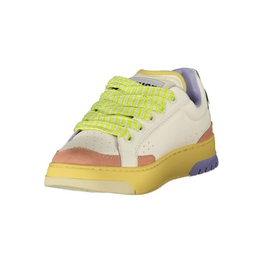 Blauer White Leather Women Sneaker with cream, antique pink, and wisteria accents, featuring vibrant yellow laces and logo details.