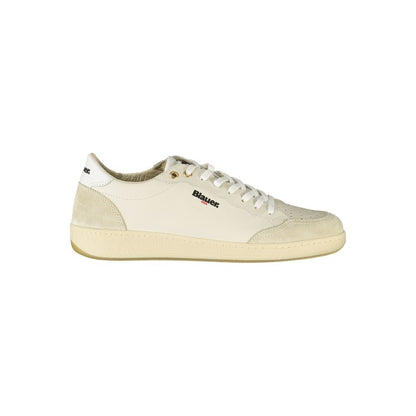 Blauer White Leather Men Sneaker with logo, premium quality lace-up sports shoe.