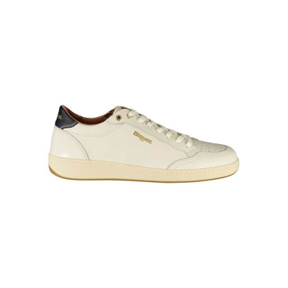 Blauer White Leather Men Sneaker with blue accents and Blauer logo, featuring a sleek design and removable cushioned insole for comfort.