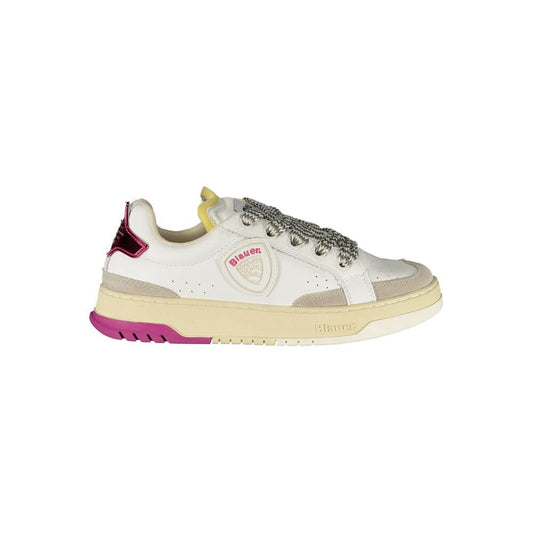 Blauer White Leather Women Sneaker with grey and fuchsia details, featuring a bold logo and removable insole for comfort.