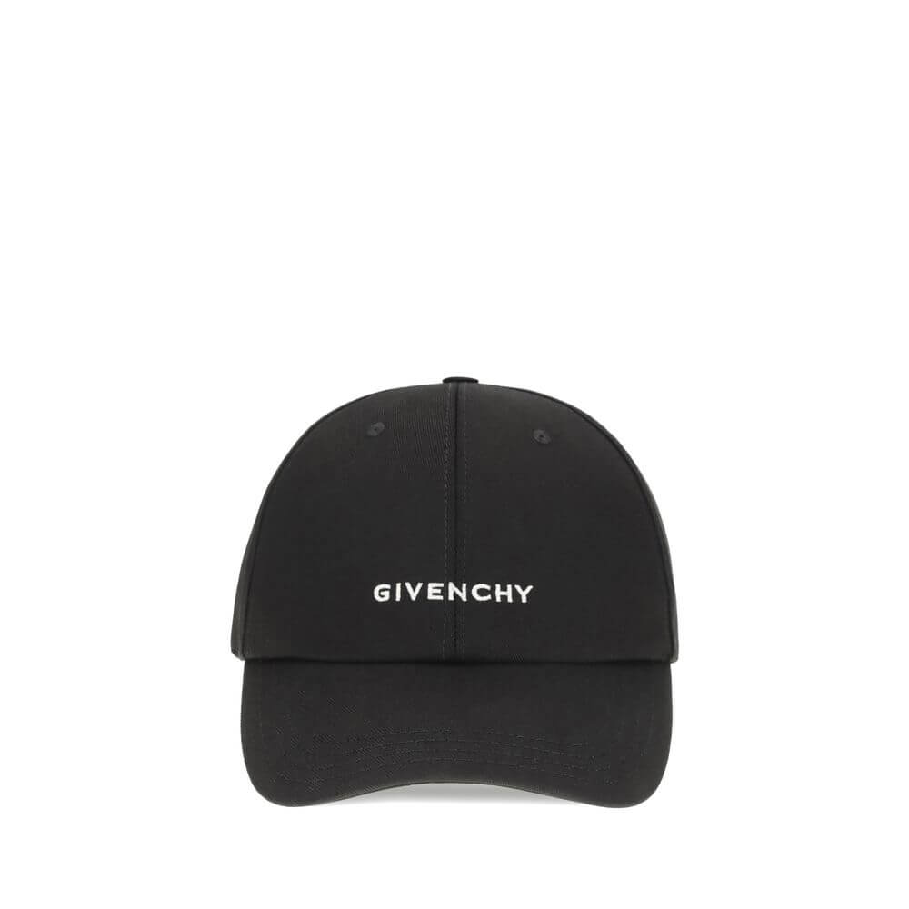 Givenchy Black Cotton Cap (Baseball Hat) with embroidered logo, adjustable fit, elegant style, 90% cotton, 10% acrylic, made in Italy.