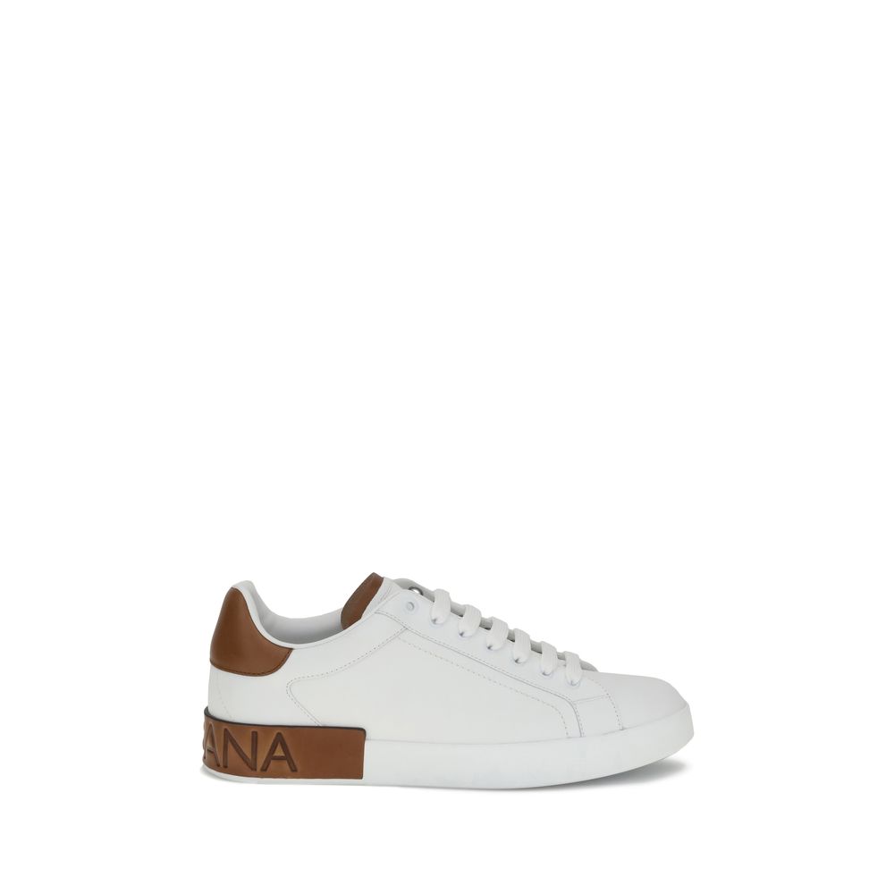 Dolce & Gabbana White Calf Leather Bos Taurus Low Top Sneakers with logo stripe and heel detail, sophisticated casual style.