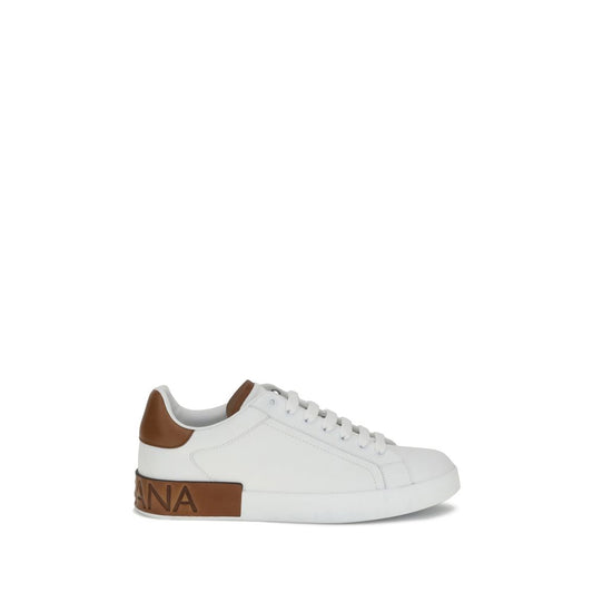 Dolce & Gabbana White Calf Leather Bos Taurus Low Top Sneakers with logo stripe and heel detail, sophisticated casual style.