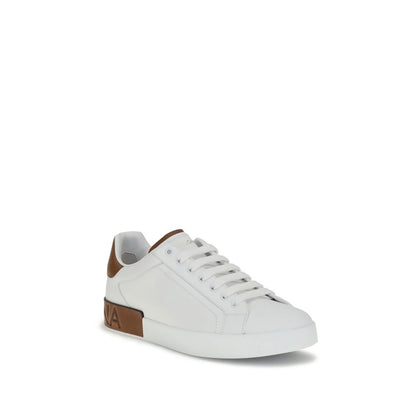 Dolce & Gabbana White Calf Leather Bos Taurus Low Top Sneakers with lace-up design, logo stripe, and heel detail, ideal for classy casual style.