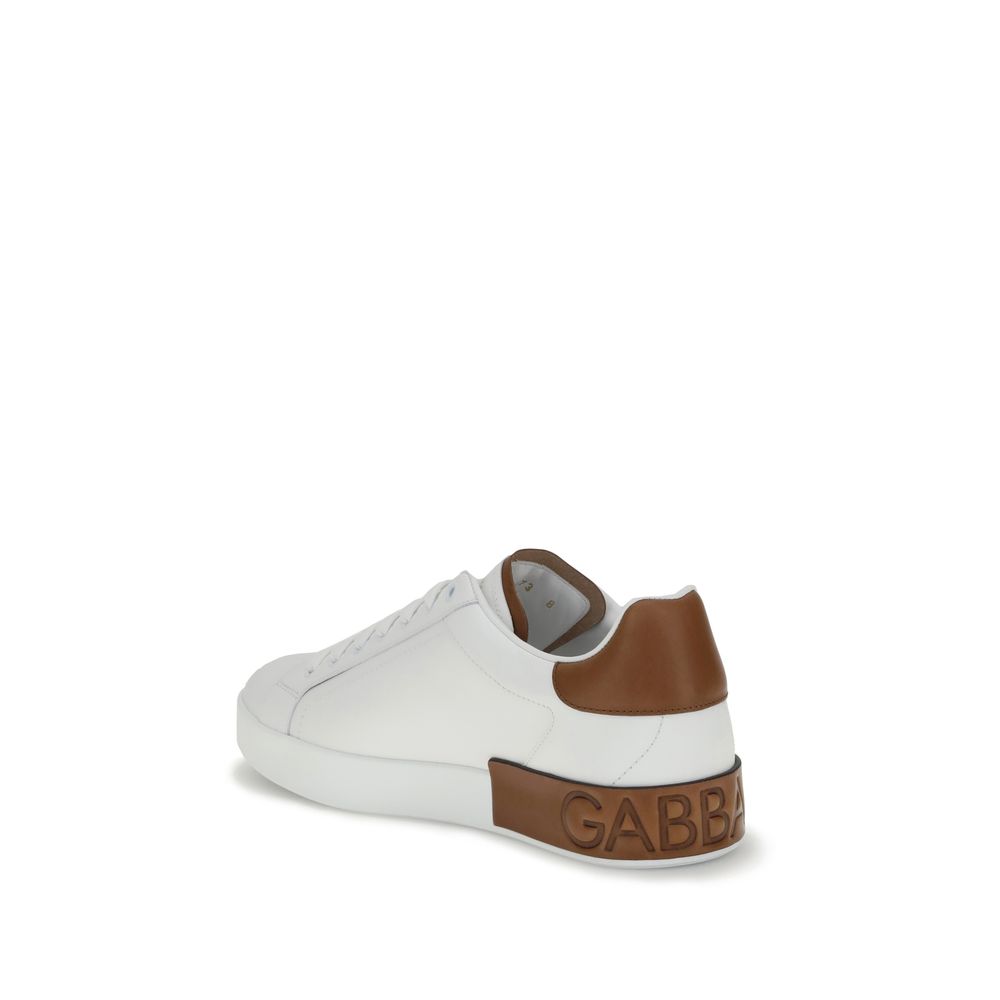 Dolce & Gabbana White Calf Leather Bos Taurus Low Top Sneakers with logo heel detail.