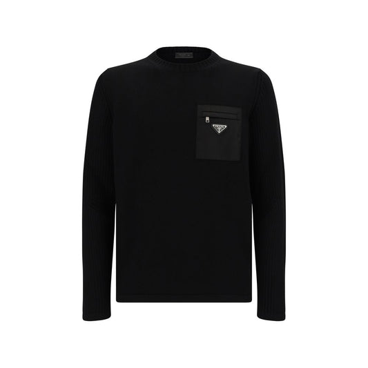 Prada Black Fleece Wool Sweatshirt with ribbed crew neck, zipper pocket, and triangular metal logo plaque.