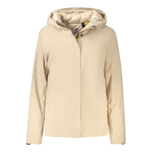 K-WAY Beige Polyester Jackets & Coat with hood, double padding, contrasting details, buttons, zip, logo, and multiple pockets.