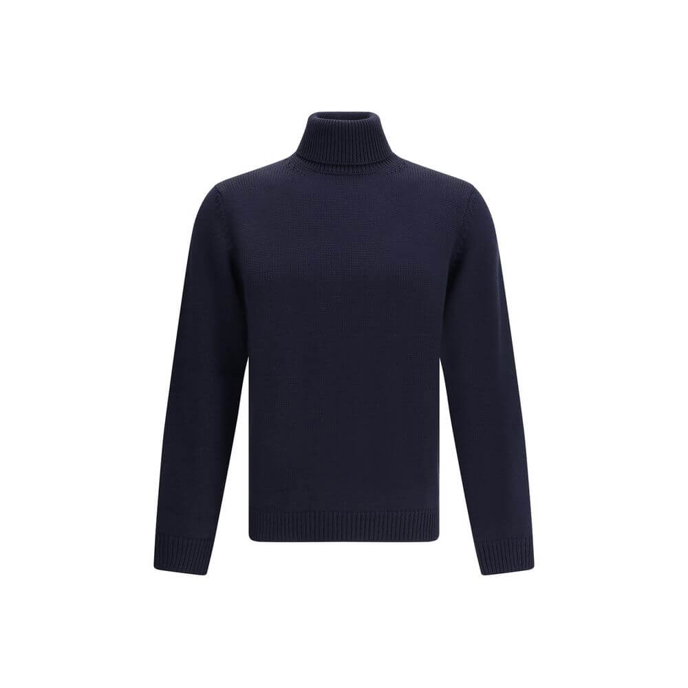 Roberto Collina Blue Merino Wool Turtleneck Sweater with ribbed collar, cuffs, and hem for smart and casual AW25 elegance.