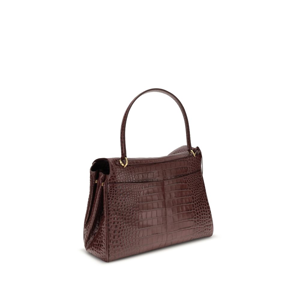 Balenciaga Brown Calf Leather Bos Taurus Handbag with crocodile-effect design, removable top handle, dual compartment, and flap closure.