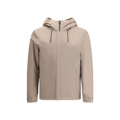 Alt Tag: Woolrich Beige Polyester Shell Jacket with hood and double-slider zipper, ideal for versatile weather conditions.
