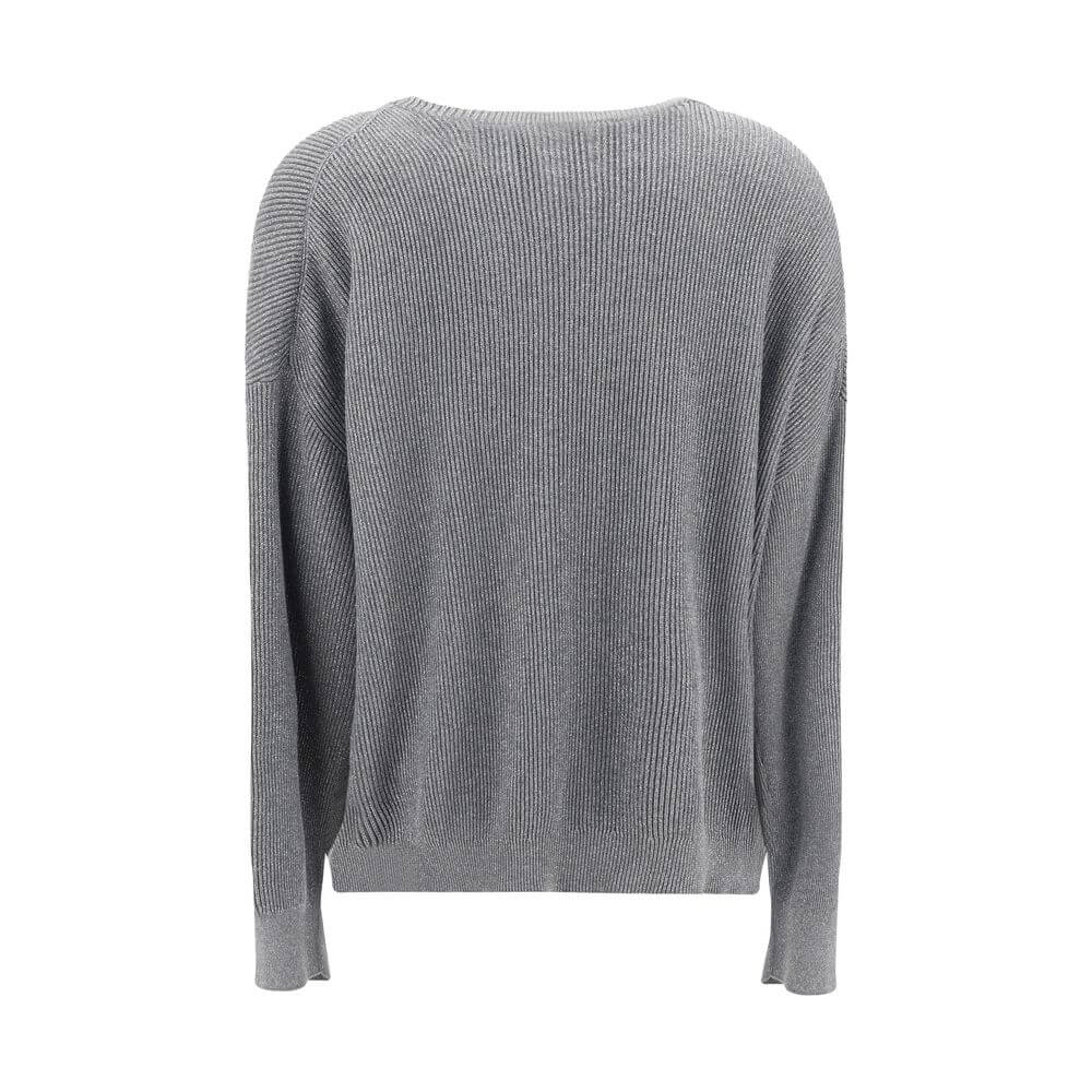 Back view of Brunello Cucinelli Gray Cotton Sweatshirt with ribbed texture and subtle silver thread detailing for AW25.