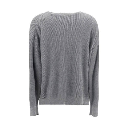 Back view of Brunello Cucinelli Gray Cotton Sweatshirt with ribbed texture and subtle silver thread detailing for AW25.