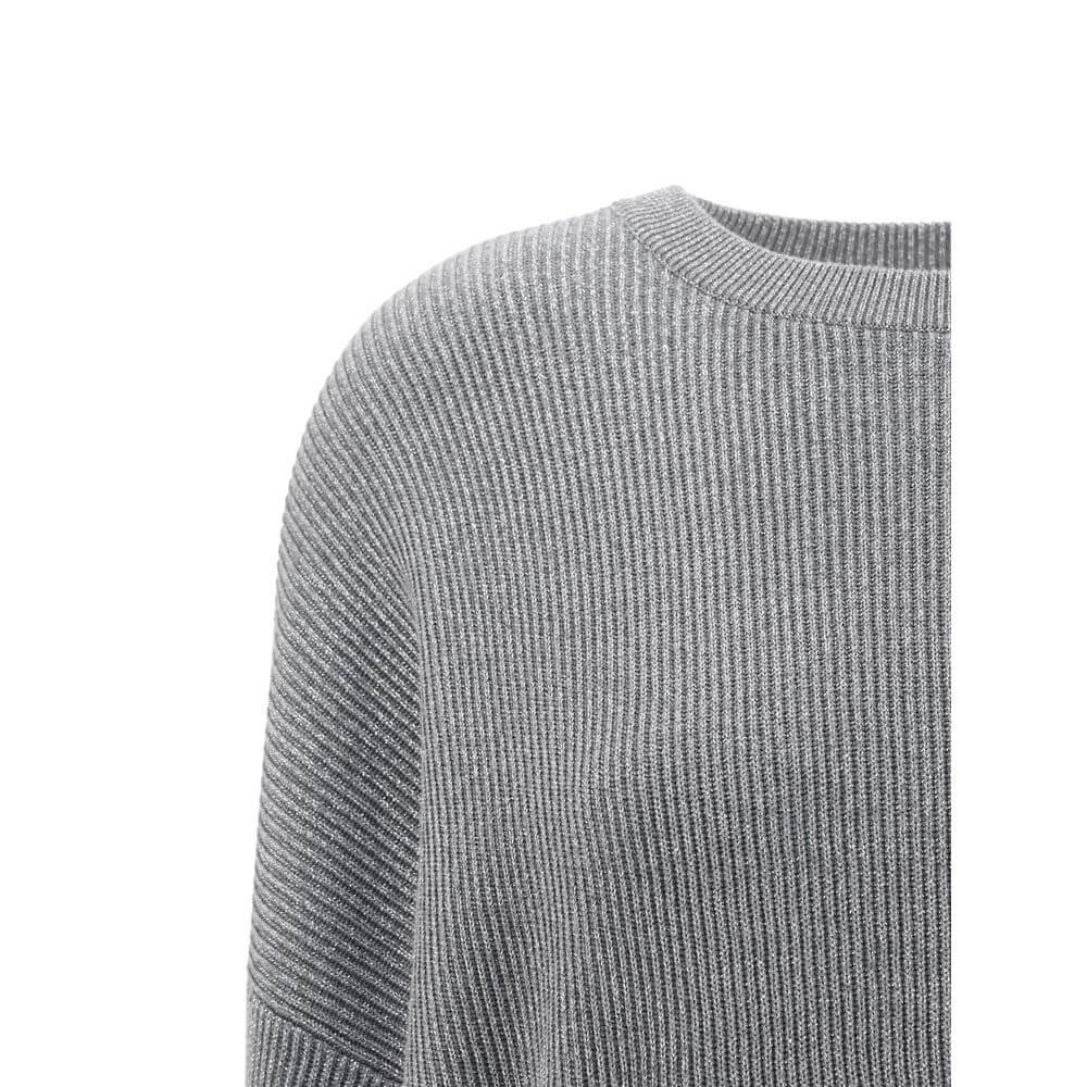 Close-up of a Brunello Cucinelli Gray Cotton Sweatshirt showing ribbed texture and silver thread detailing.