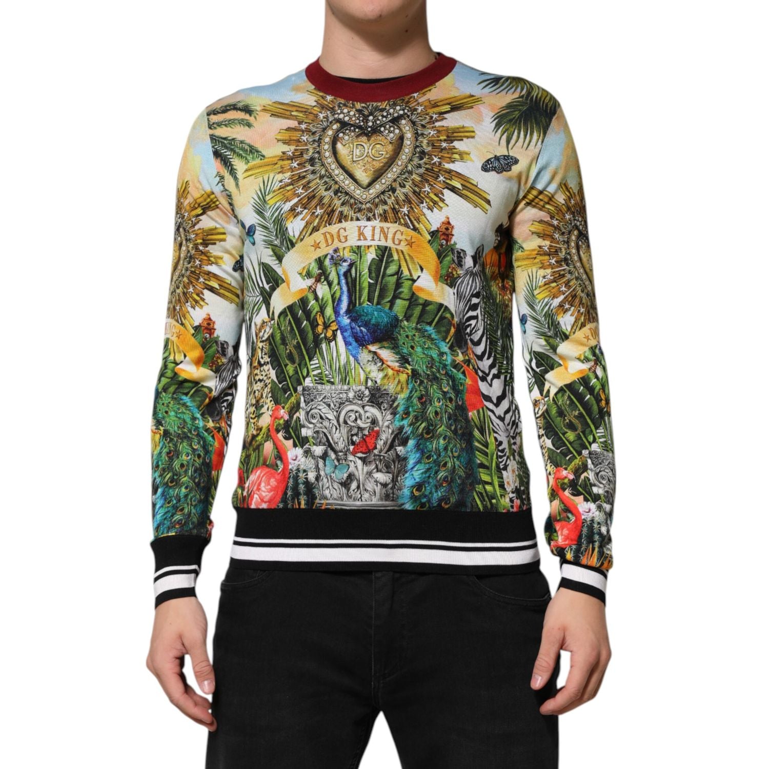 Dolce & Gabbana Tropical Heart Crown Silk Pullover Sweater