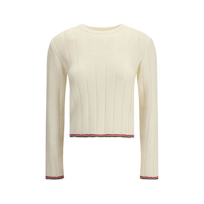 Thom Browne Cream Fleece Wool Sweatshirt with ribbed crew neck and tricolor edges, perfect for contemporary style.