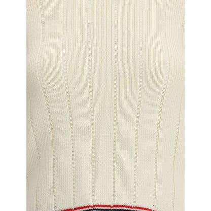 Close-up of the Thom Browne Cream Fleece Wool Sweatshirt showcasing ribbed texture and tricolor accents, perfect for contemporary style.