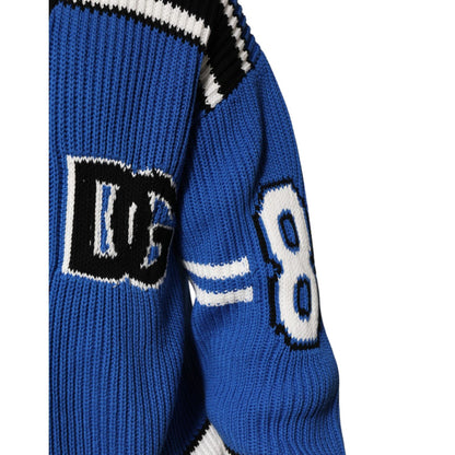 Dolce & Gabbana Blue Cotton Logo Patch Ribbed Knit Cardigan Sweater