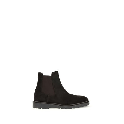 Fratelli Rossetti Black Calf Leather Bos Taurus Chelsea Boots with suede design, round toe, elastic sides, and lugged sole.