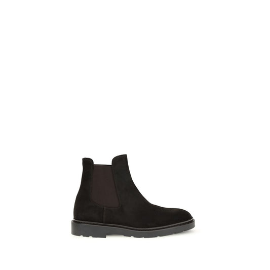Fratelli Rossetti Black Calf Leather Bos Taurus Chelsea Boots with suede design, round toe, elastic sides, and lugged sole.
