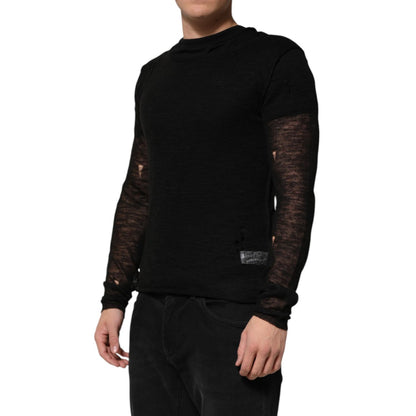 Dolce & Gabbana Black Linen Mesh Tattered Longsleeves T-shirt