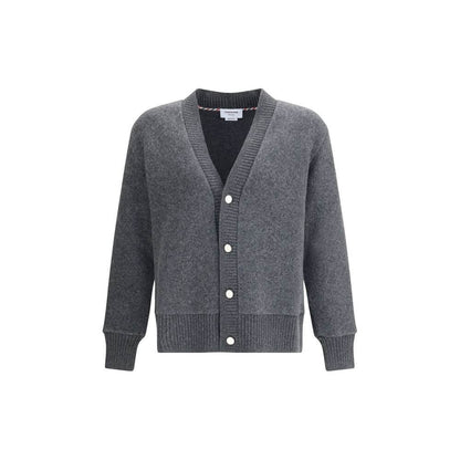 Thom Browne Gray Wool Cardigan with v-neck and button closure, ribbed cuffs, and hem, ideal for adding sophistication to any wardrobe.