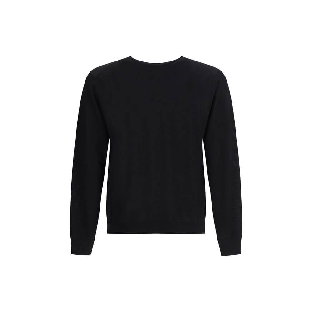 Prada Black Fleece Wool Sweatshirt with contrasting embroidered logo, ribbed crew neck, cuffs, and hem for contemporary style.