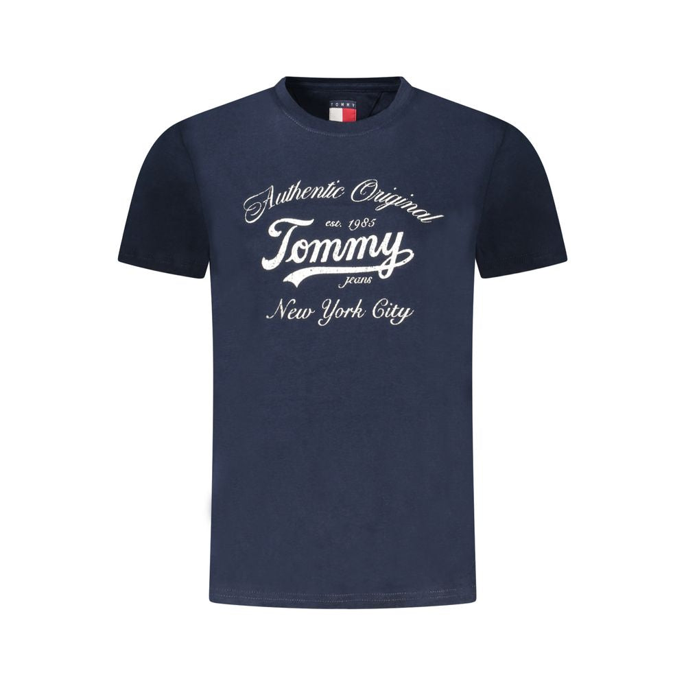 Tommy Hilfiger Blue Cotton Women T-Shirt with logo print, crew-neck, short sleeves, crafted from cotton and 20% recycled viscose.