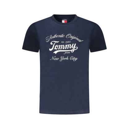 Tommy Hilfiger Blue Cotton Women T-Shirt with logo print, crew-neck, short sleeves, crafted from cotton and 20% recycled viscose.