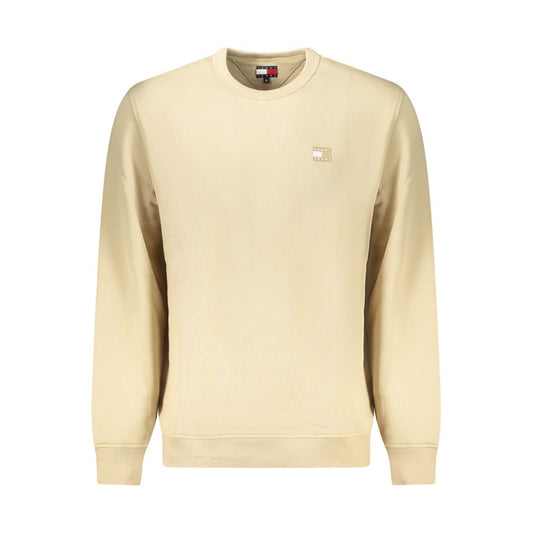 Tommy Hilfiger Beige Cotton Men Sweater, long-sleeved crew neck with applique logo, eco-friendly fashion.