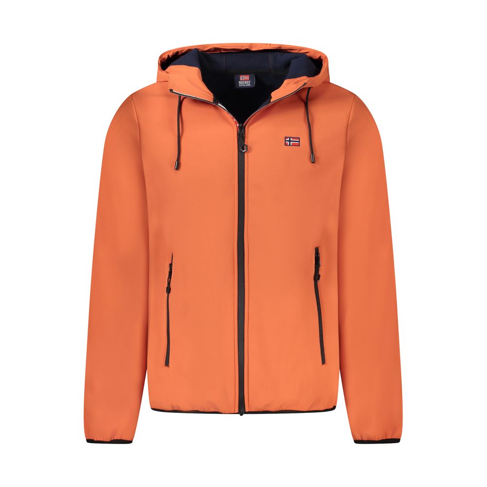 Norway 1963 Orange Polyester Men Jacket with hood and blue fleece accents, perfect for outdoor adventures.