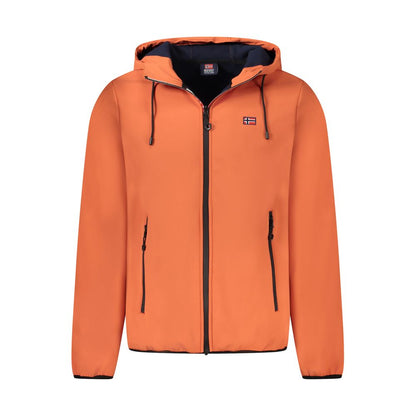 Norway 1963 Orange Polyester Men Jacket with hood and blue fleece accents, perfect for outdoor adventures.