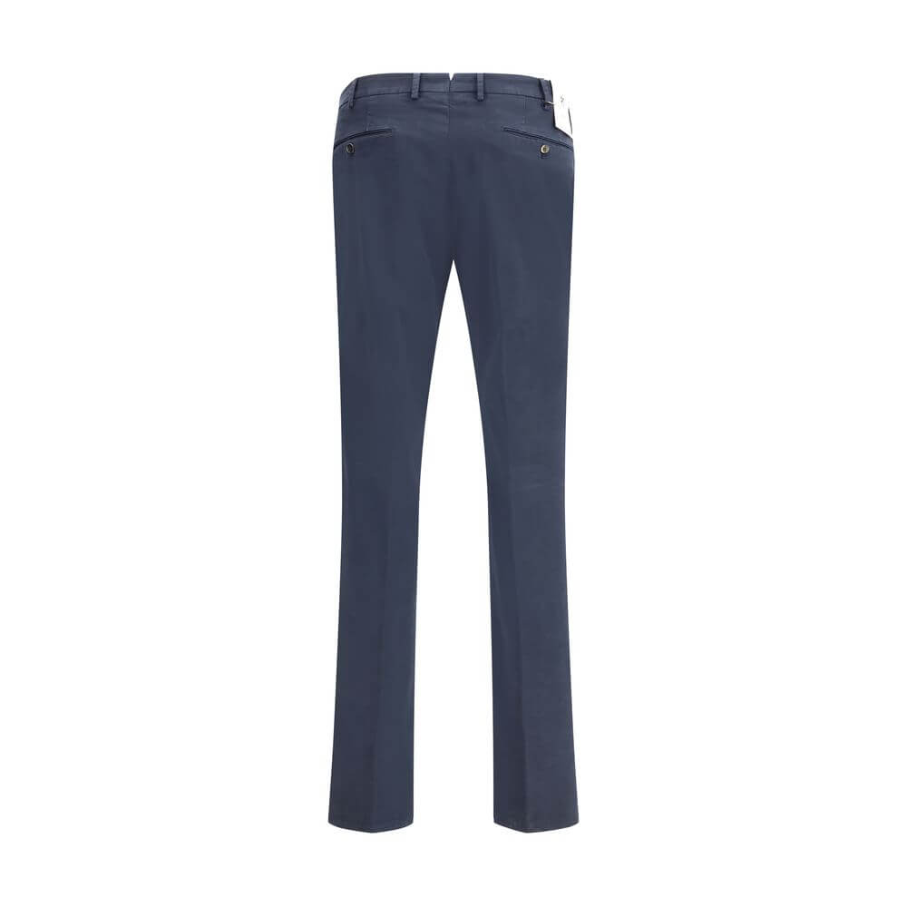 Rear view of PT Torino Blue Cotton Casual Pants with two welt pockets and belt loops, showcasing understated elegance and regular fit.