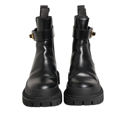 Dolce & Gabbana Black Calfskin DG Logo Strap Ankle Boots Shoes