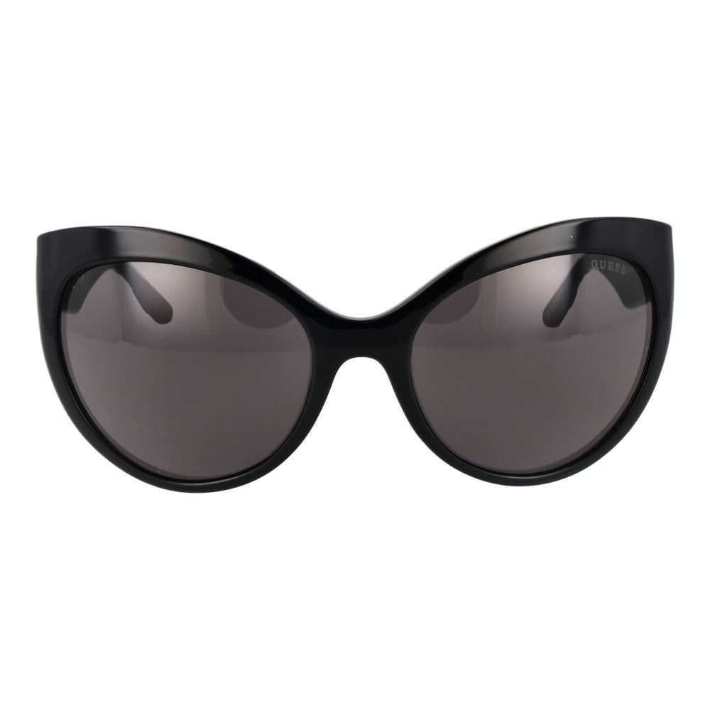 Guess Black Women Sunglass with full-rim black plastic frame, butterfly style, grey lenses, 100% UVA & UVB protection, includes branded case.