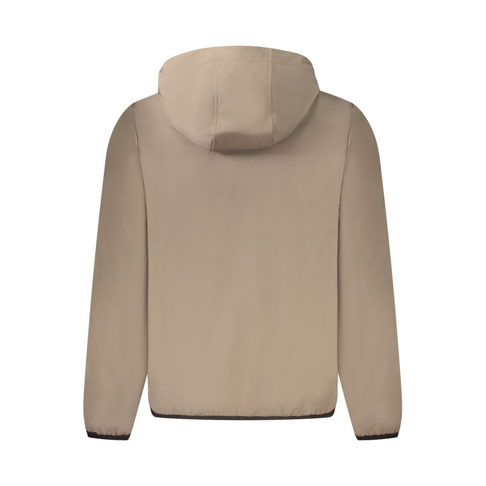 Norway 1963 Brown Polyester Men Jacket with hood, back view showcasing sleek design ideal for outdoor style.